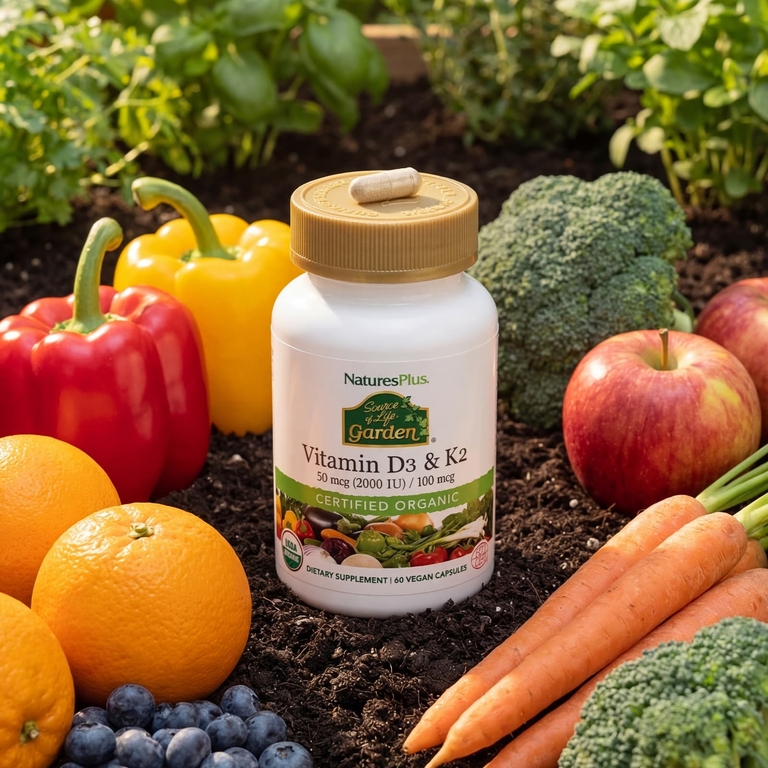 NaturesPlus, Source of Life® Garden, органические витамины D3 и K2, 60 веганских капсул