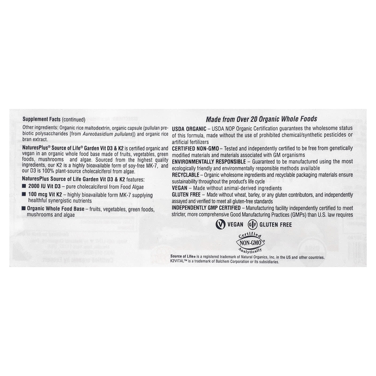 NaturesPlus, Source of Life® Garden, органические витамины D3 и K2, 60 веганских капсул