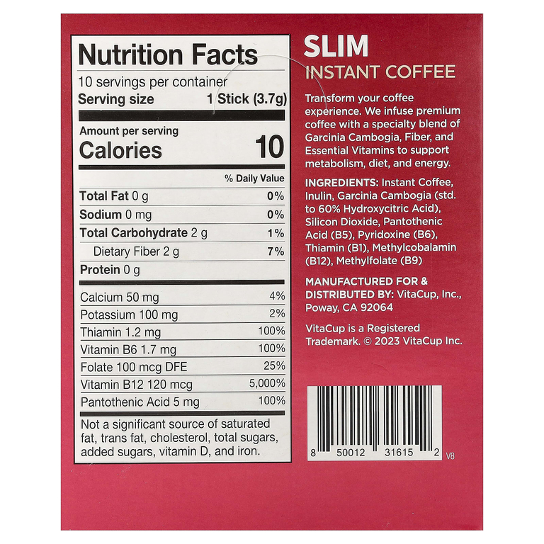 VitaCup, Растворимый кофе Slim, средней обжарки, 10 стиков на одну порцию, 3,7 г (0,13 унции)