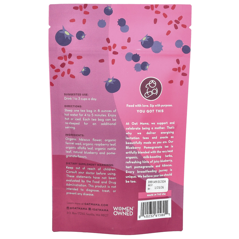 Oat Mama, Lactation Tea, голубика и гранат, без кофеина, 14 чайных пакетиков, 32 г