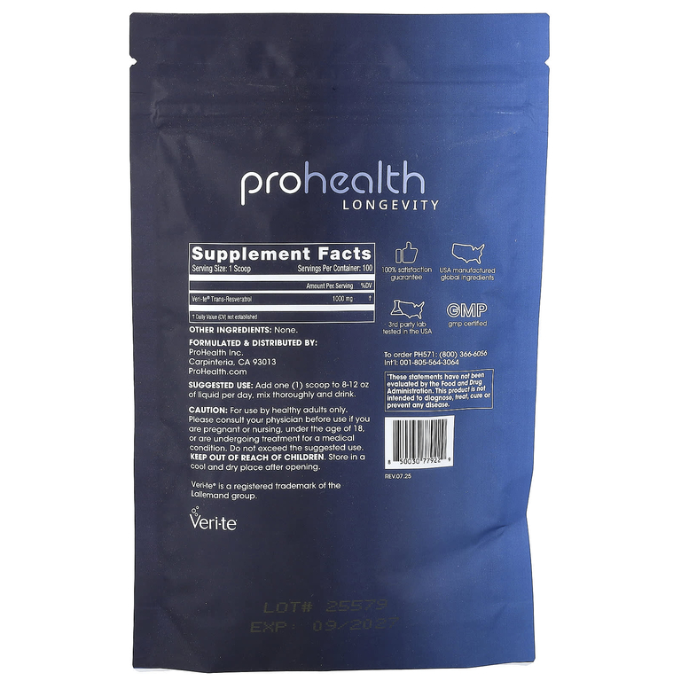 ProHealth Longevity, чистый транс-ресвератрол в порошке, 100 г (3,5 унции)