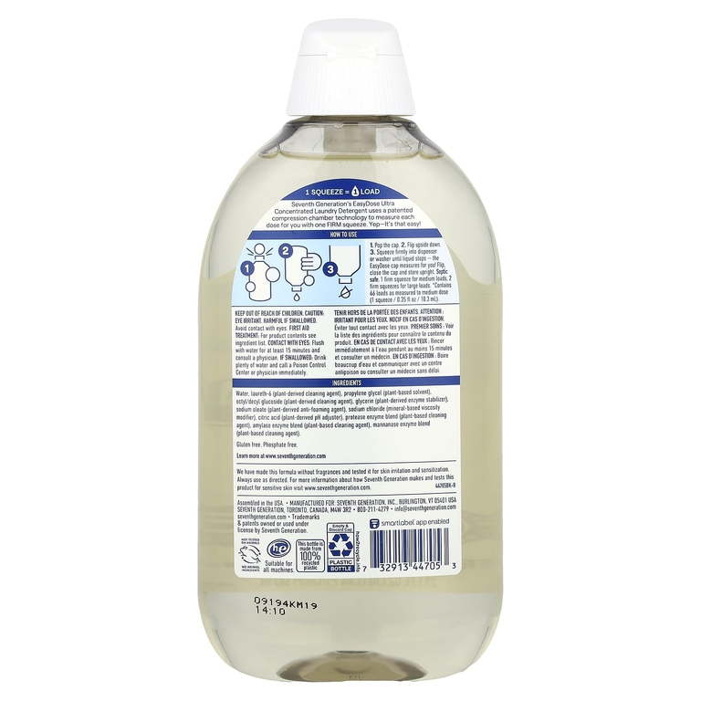 Seventh Generation, Easydose, ультраконцентрированное средство для стирки, бесцветное и прозрачное средство, 66 загрузок, 683 мл (23,1 жидк. унц.)