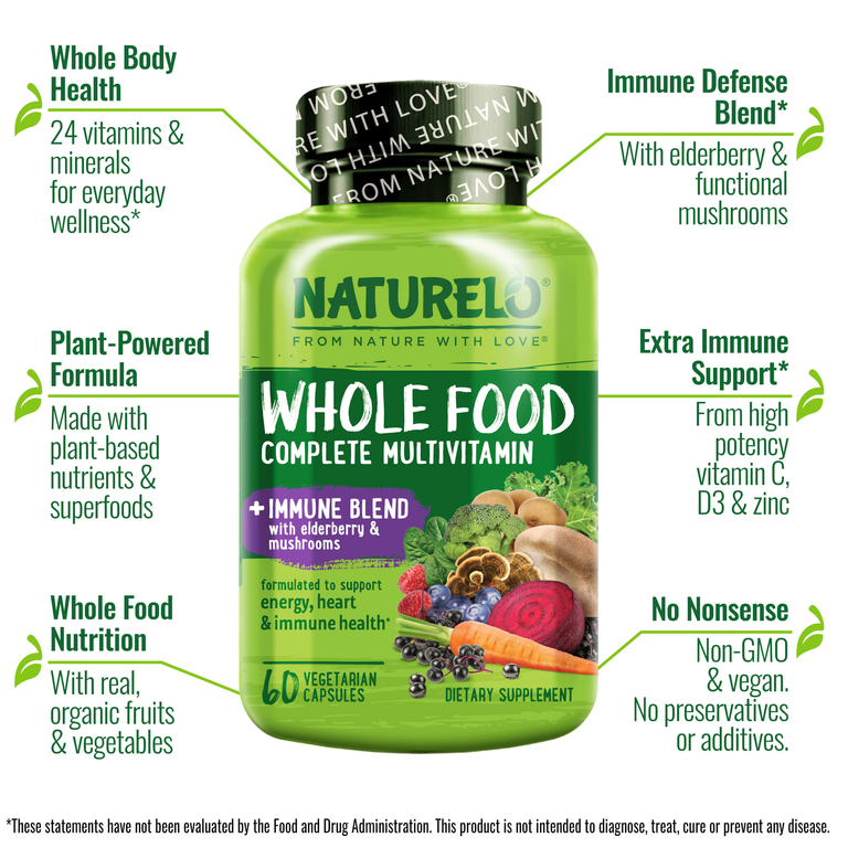 NATURELO, Мультивитаминный комплекс из цельных продуктов и смесь для иммунитета, 60 вегетарианских капсул