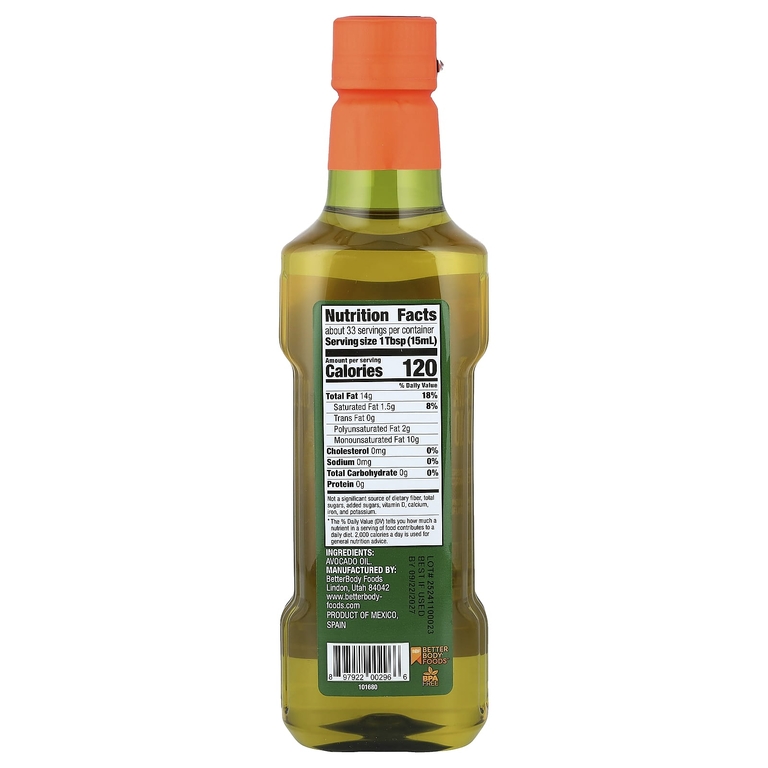 BetterBody Foods, рафинированное масло авокадо, 500 мл (16,9 жидк. унции)