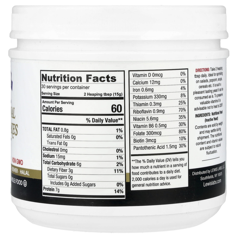 Lewis Labs, Nutritional Yeast Flakes, Cheesy Nutty, 16 oz (454 g)