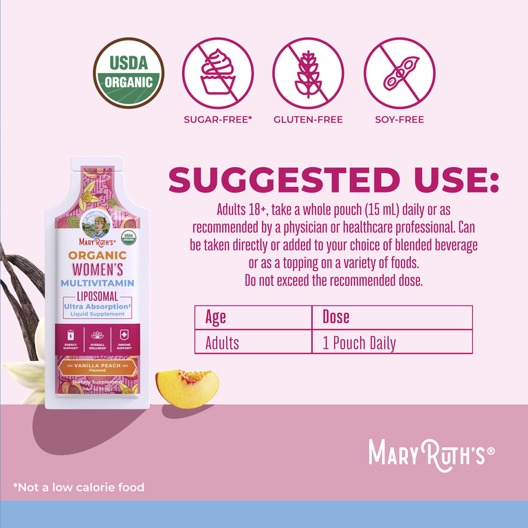 MaryRuth's, органические липосомальные мультивитамины для женщин, со вкусом ванили и персика, 14 пакетиков по 15 мл (0,5 жидк. унции)