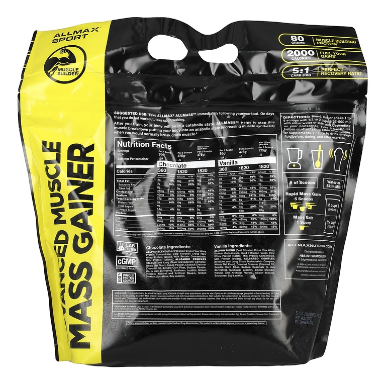 ALLMAX, Sport, ALLMASS ™, средство для наращивания мышечной массы, ваниль, 2,27 кг (5 фунтов)