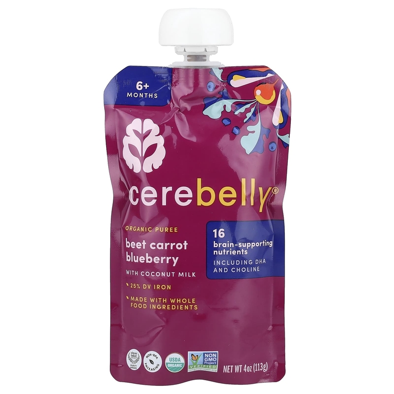 Cerebelly, органическое пюре, для детей от 6 месяцев, свекла, морковь, голубика с кокосовым молоком, 6 пакетиков по 113 г (4 унции) (Товар снят с продажи) 