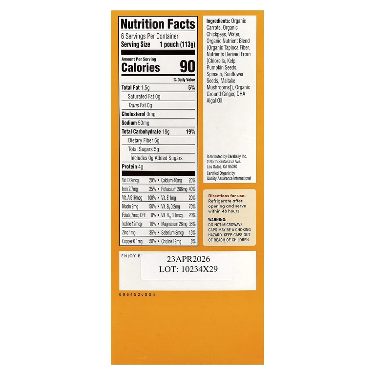 Cerebelly, Organic Baby Puree, Carrot Chickpea with Ginger, 6 Pouches, 4 oz (113 g) Each