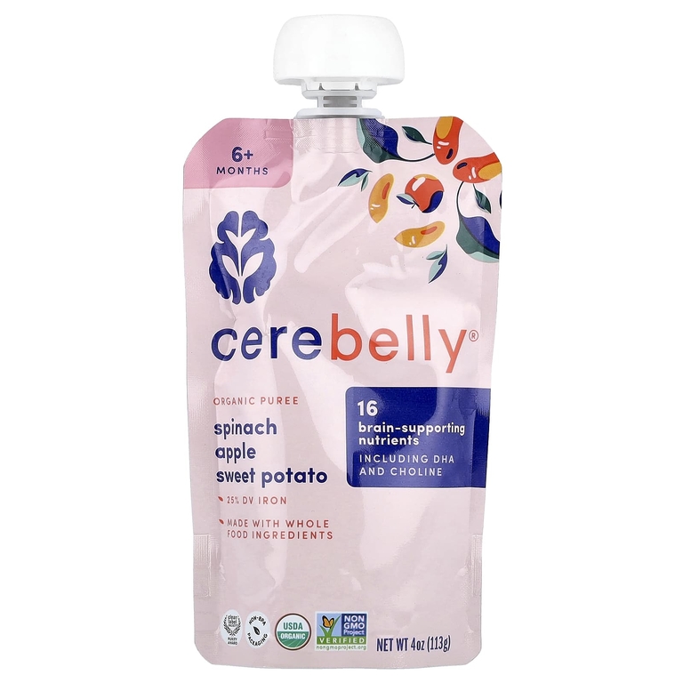 Cerebelly, органическое пюре, для детей от 6 месяцев, шпинат, яблоко, батат, 6 пакетиков по 113 г (4 унции)