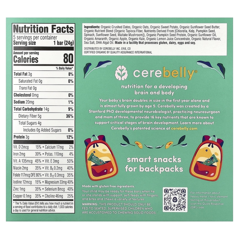 Cerebelly, Smart Bars, органические детские батончики, яблоко и кудрявая капуста, 5 батончиков по 24 г (0,84 унции)