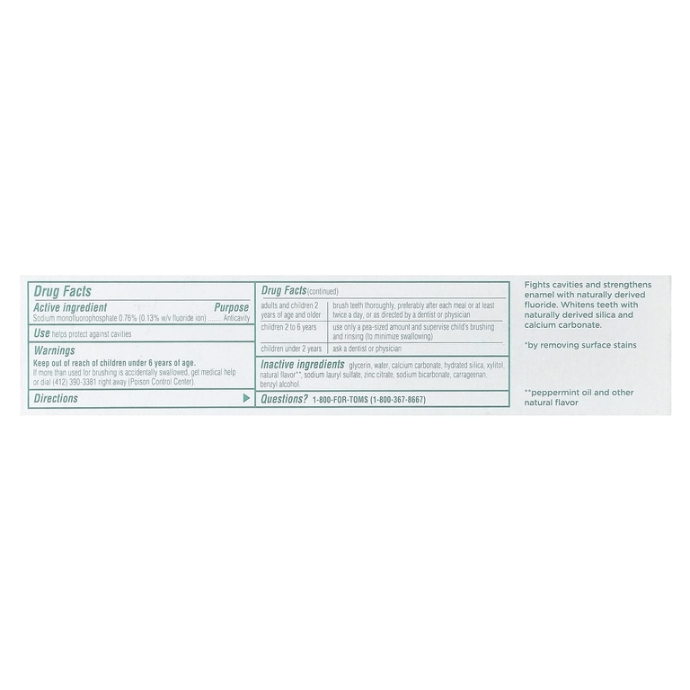 Tom's of Maine, Whole Care®, натуральная зубная паста от кариеса с фтором, перечная мята, 113 г (4 унции)