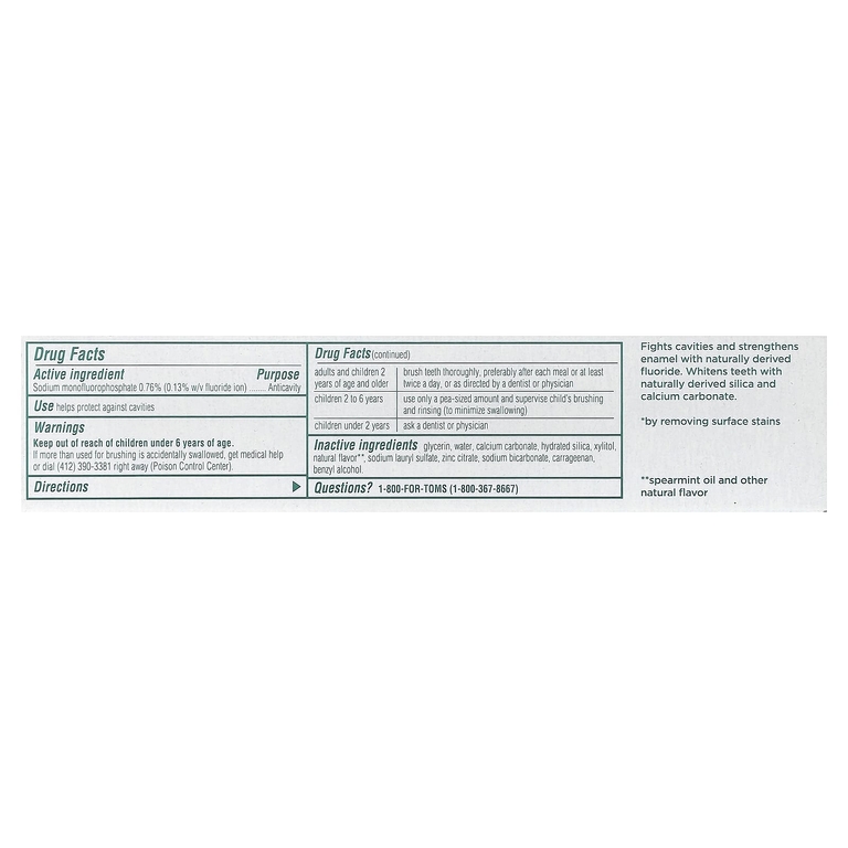 Tom's of Maine, Whole Care®, Natural Anticavity Toothpaste with Fluoride, Spearmint, 4 oz (113 g)