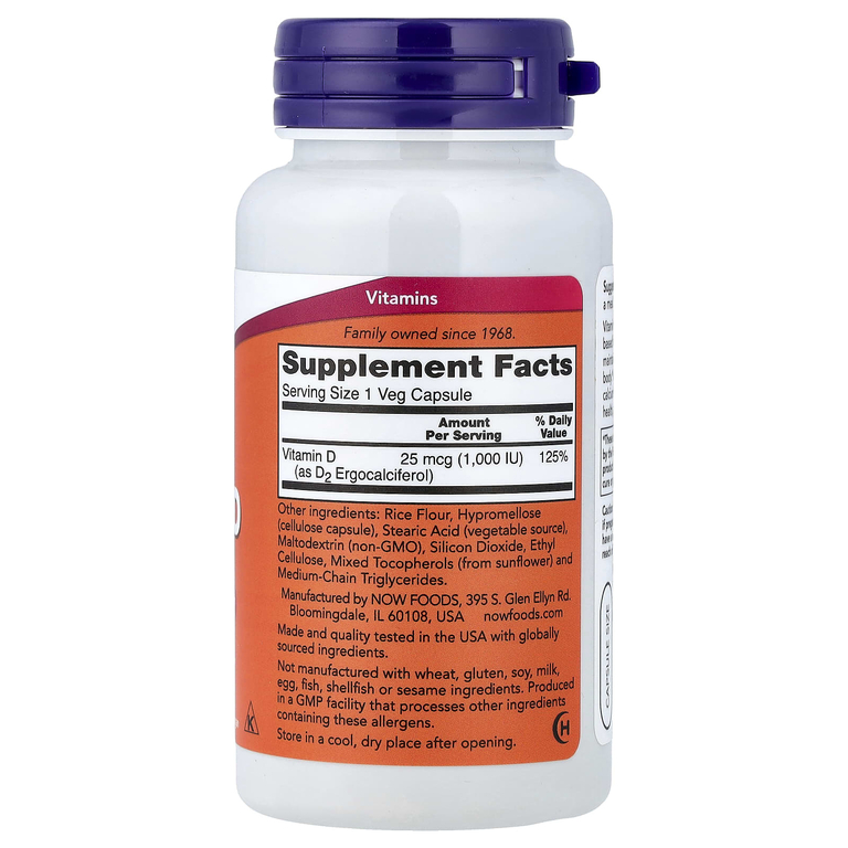 NOW Foods, вегетарианский витамин D в сухой форме, 1000 МЕ, 120 вегетарианских капсул