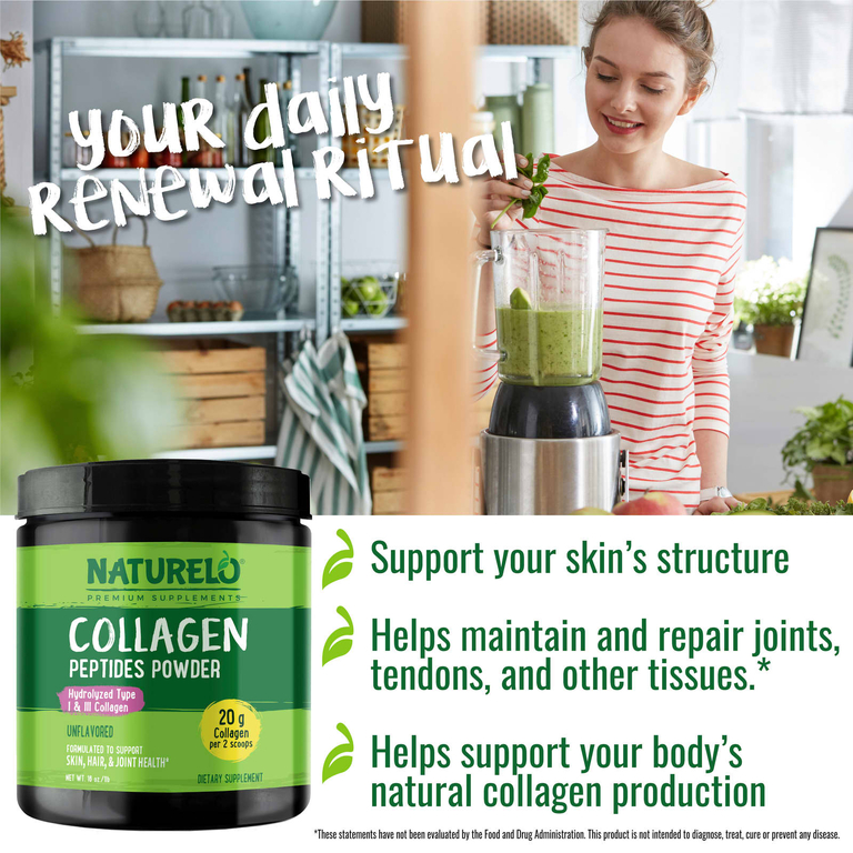NATURELO, Порошок из пептидов коллагена, без добавок, 1 фунт (16 унций)