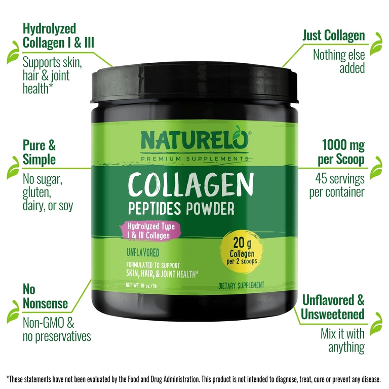 NATURELO, Порошок из пептидов коллагена, без добавок, 1 фунт (16 унций)