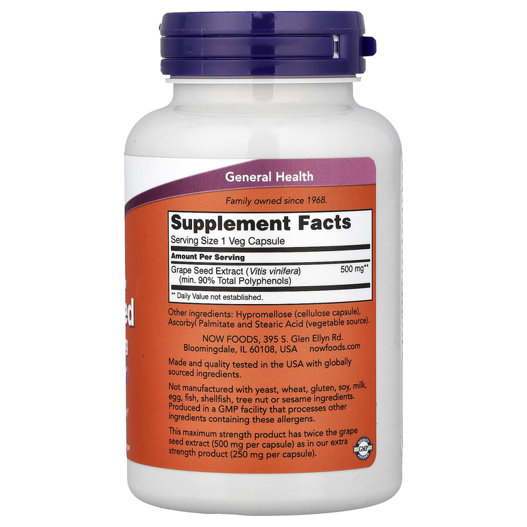 NOW Foods, экстракт виноградных косточек, 500 мг, 90 растительных капсул
