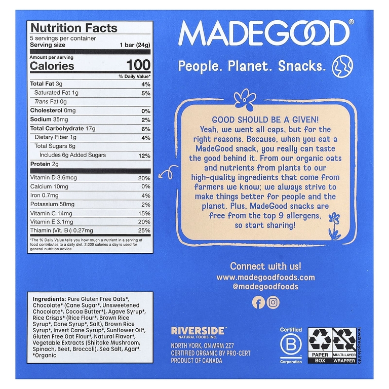 MadeGood, Батончики мюсли, с шоколадом, ваниль, 5 батончиков, 24 г (0,85 унции)