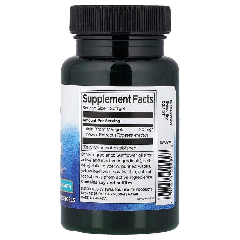 Swanson Vitamins, лютеин, повышенной силы, 20 мг, 120 капсул