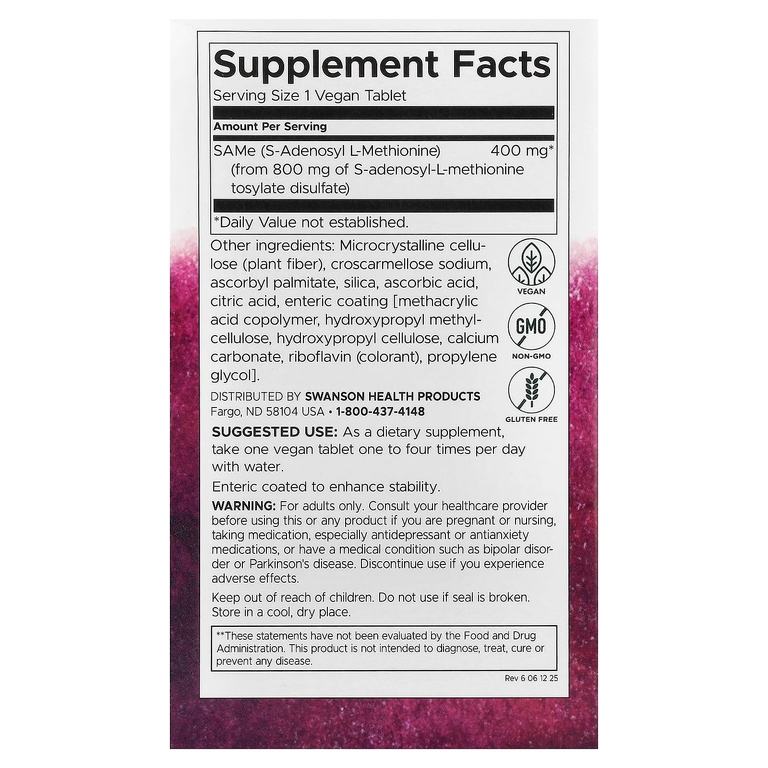 Swanson Vitamins, SAMe, 400 мг, 30 таблеток