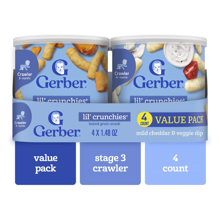 Gerber, Lil' Crunchies®, запеченный злаковый снек, для детей от 8 месяцев, мягкий чеддер и овощной соус, 4 упаковки по 42 г (1,48 унции)