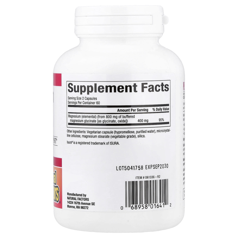 Natural Factors, глицинат магния, 200 мг, 120 вегетарианских капсул