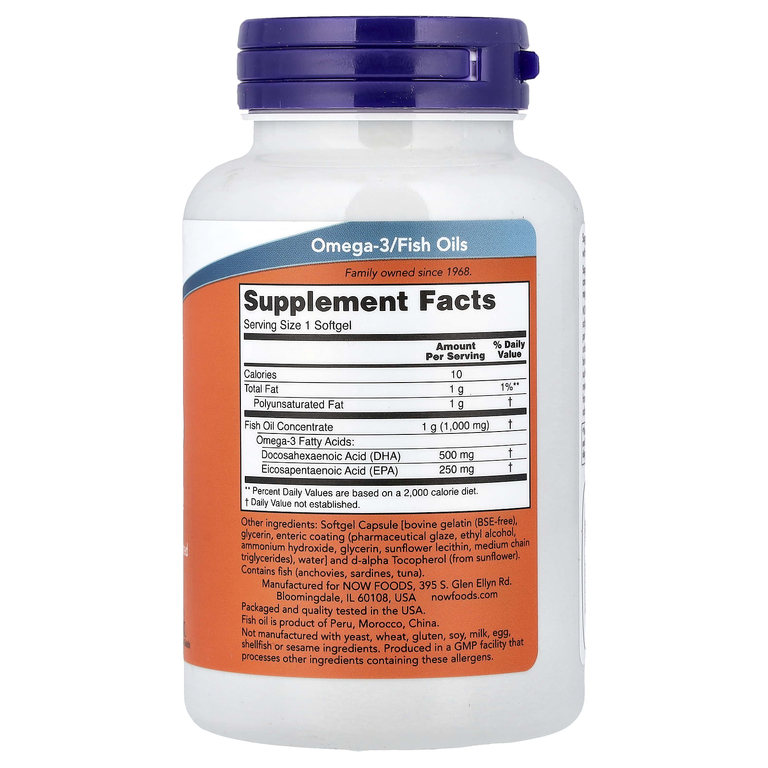 NOW Foods, рыбий жир с ДГК 500, 90 капсул