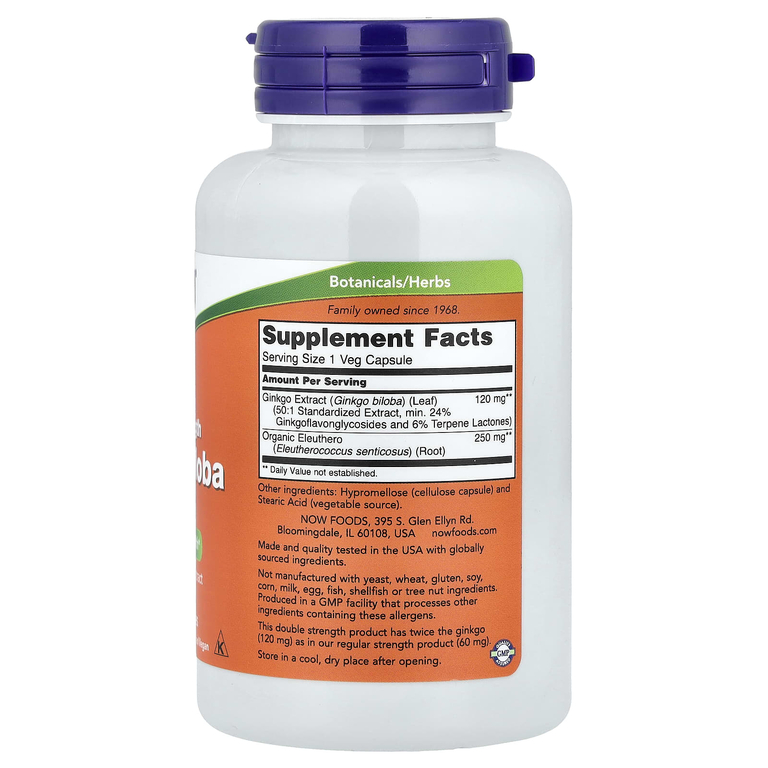 NOW Foods, гинкго билоба с корнем элеутерококка, 100 растительных капсул
