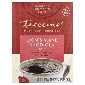 Teeccino, грибной травяной чай, ежовик гребенчатый, родиола, роза, без кофеина, 10 чайных пакетиков, 60 г (2,12 унции)