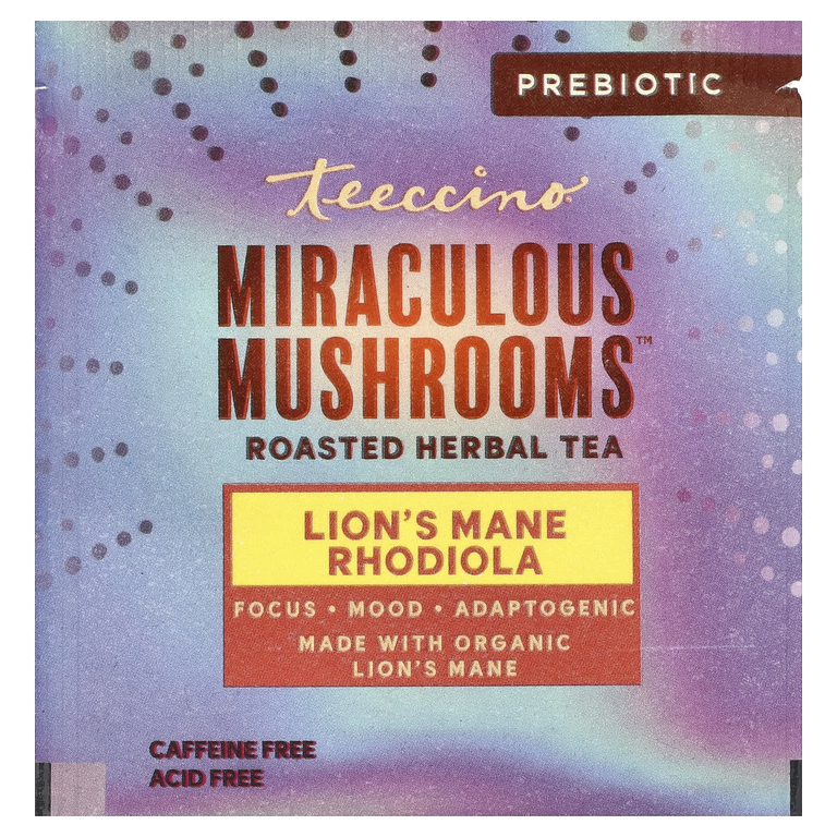 Teeccino, Miraculous Mushrooms™ с обжаренным травяным чаем, родиола львиная гриба, роза, без кофеина, 10 чайных пакетиков, 60 г (2,12 унции)