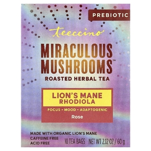 Teeccino, Miraculous Mushrooms™ с обжаренным травяным чаем, родиола львиная гриба, роза, без кофеина, 10 чайных пакетиков, 60 г (2,12 унции)