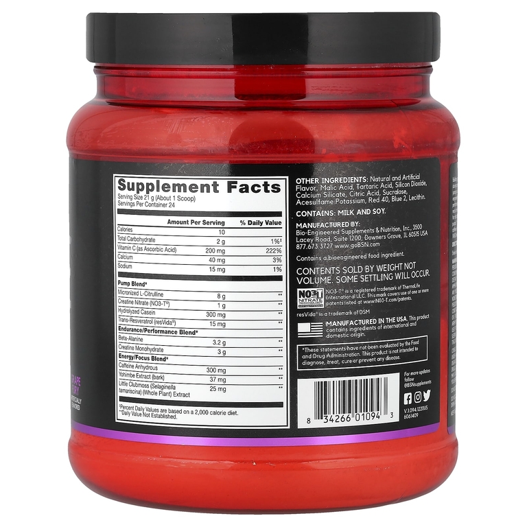 BSN, No-Xplode® VASO, предтренировочный комплекс для прокачки мышц, со вкусом винограда, 504 г (1,11 фунта)