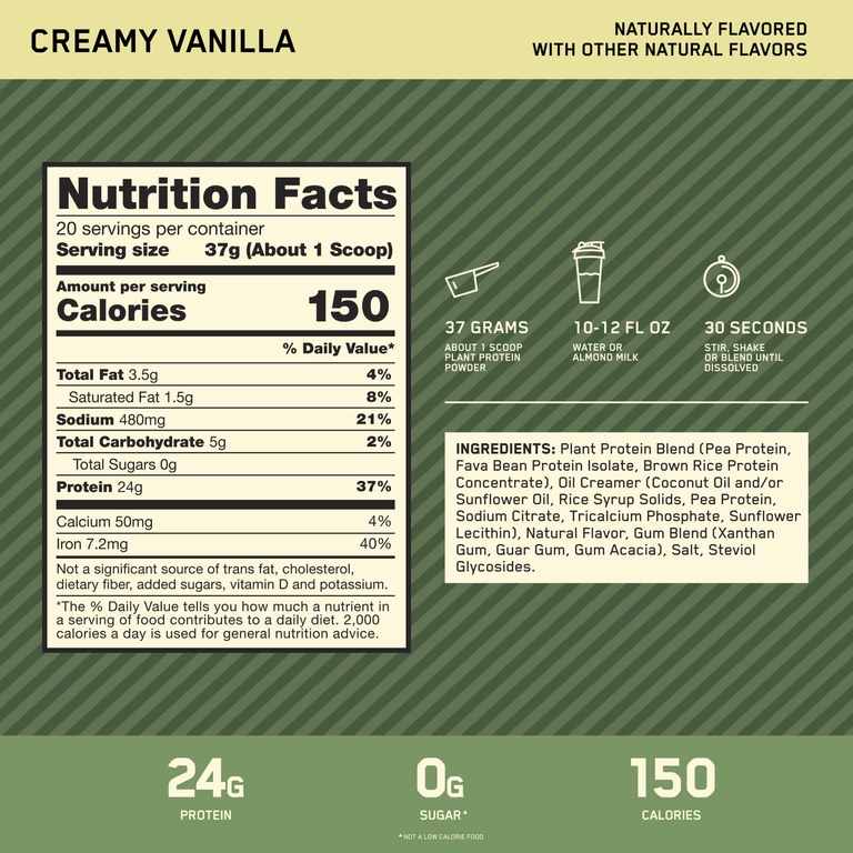Optimum Nutrition, Золотой стандарт, 100% растительный протеин, сливочная ваниль, 740 г (1,63 фунта)