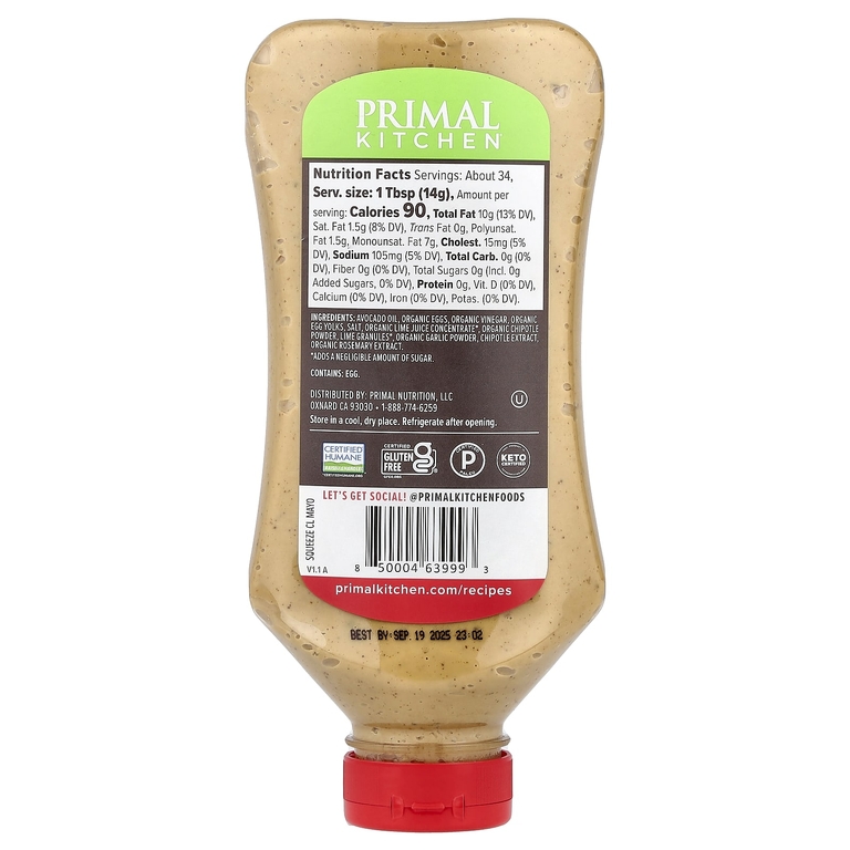 Primal Kitchen, Настоящий майонез с маслом авокадо и лаймом чипотле, 503 мл (17 жидк. унц.)