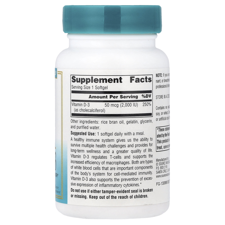 Source Naturals, Wellness, витамин D3, 50 мкг (2000 МЕ), 200 мягких таблеток