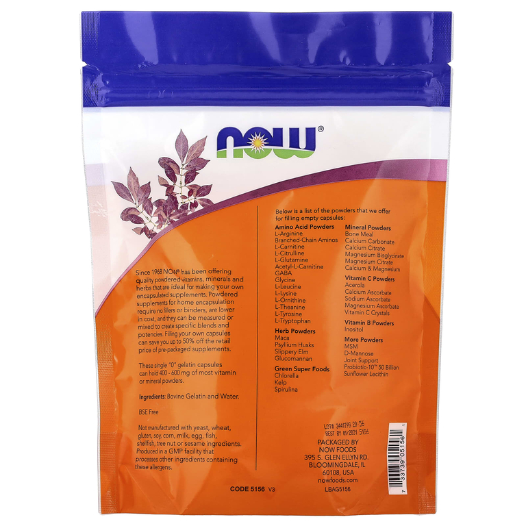 NOW Foods, одиночные желатиновые капсулы, размер «0», прибл. 250 пустых капсул, 24 г (0,85 унции)