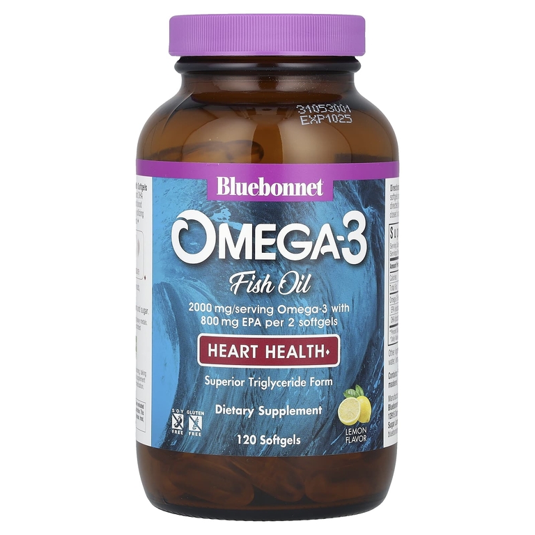 Bluebonnet Nutrition, рыбий жир с омега-3, для здоровья сердца, со вкусом лимона, 120 капсул (1000 мг в каждой)