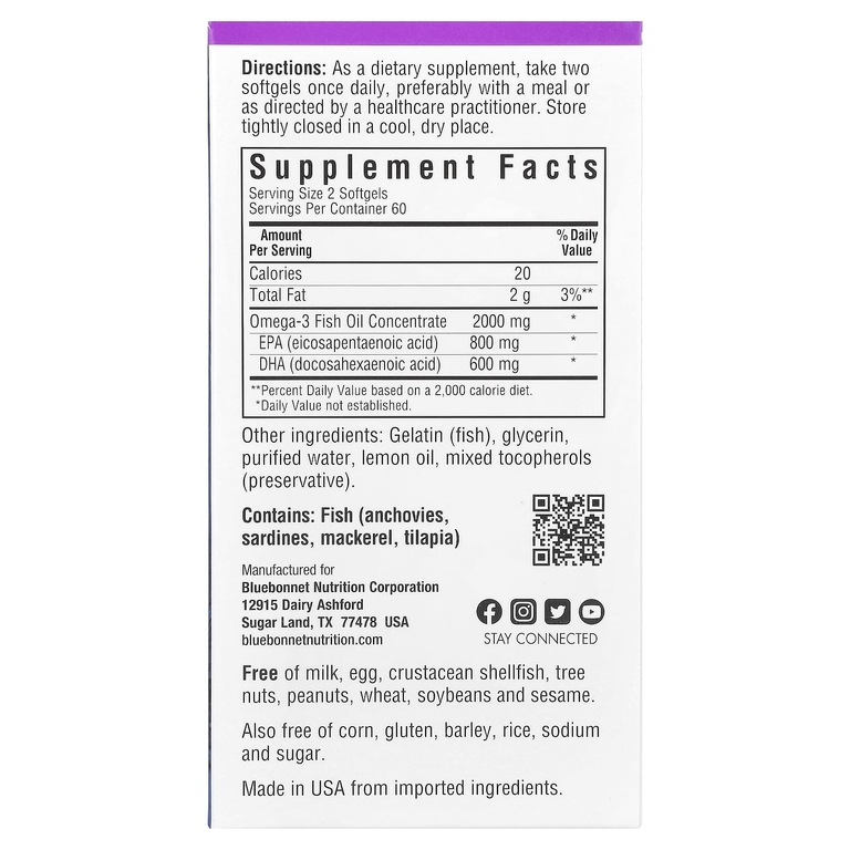 Bluebonnet Nutrition, рыбий жир с омега-3, для здоровья сердца, со вкусом лимона, 120 капсул (1000 мг в каждой)