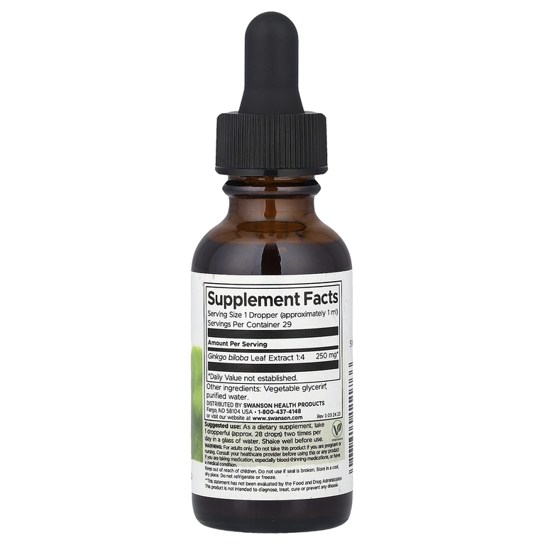 Swanson Vitamins, Жидкий экстракт гинкго билоба, без спирта и сахара, 29,6 мл (1 жидк. унц.)