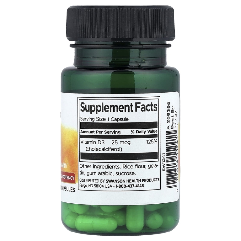 Swanson Vitamins, витамин D3, высокоактивный, 25 мкг (1000 МЕ), 30 капсул