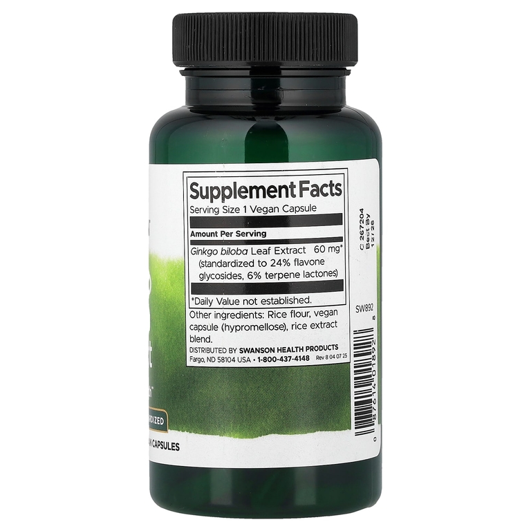 Swanson Vitamins, экстракт гинкго билоба, стандартизированный, 60 мг, 120 веганских капсул