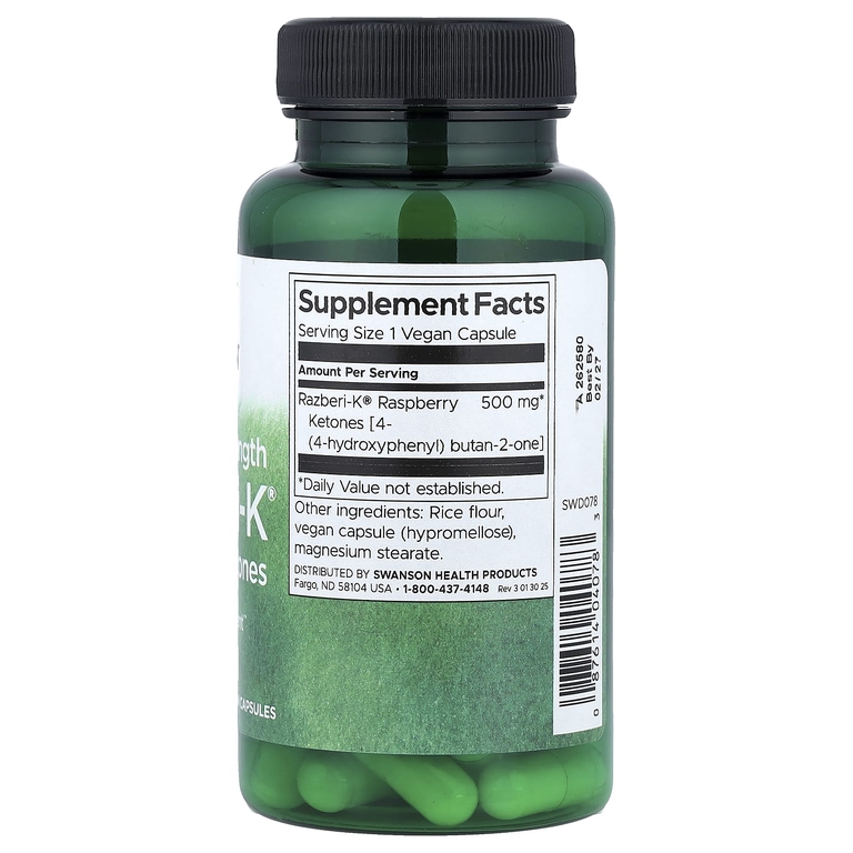 Swanson Vitamins, Razberi-K®, малиновые кетоны, максимальная сила действия, 500 мг, 60 веганских капсул