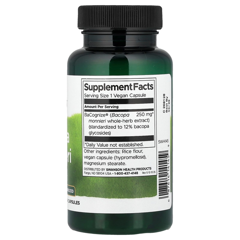Swanson Vitamins, Бакопа (Bacopa monnieri), стандартизированная, 250 мг, 90 веганских капсул