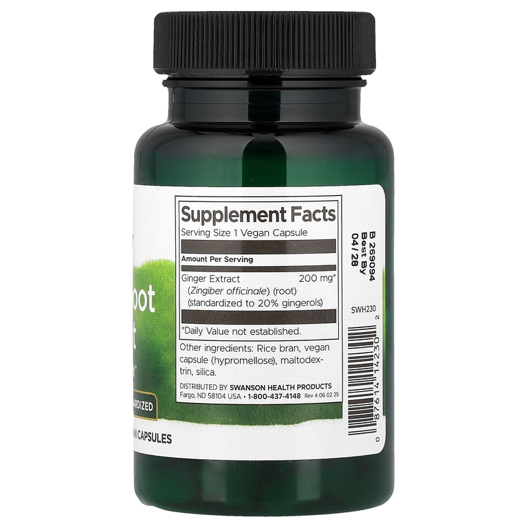 Swanson Vitamins, экстракт корня имбиря, стандартизированный, 60 веганских капсул (200 мг в 1 капсуле)