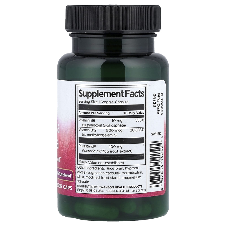 Swanson Vitamins, Пуэрария мирифика с витаминами B6 и B12, 60 растительных капсул