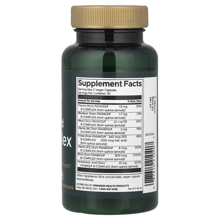 Swanson Vitamins, комплекс витаминов группы B из натуральных продуктов, 60 веганских капсул