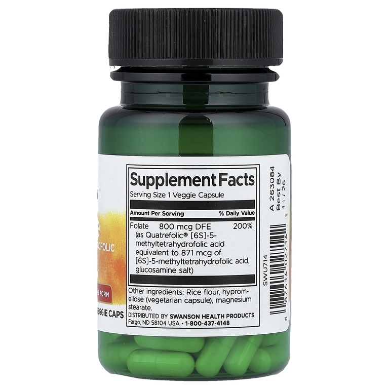 Swanson Vitamins, фолат, высокоэффективный, 30 растительных капсул (800 мкг в 1 капсуле)
