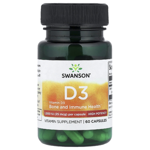 Swanson Vitamins, витамин D3, высокоактивный, 25 мкг (1000 МЕ), 60 капсул