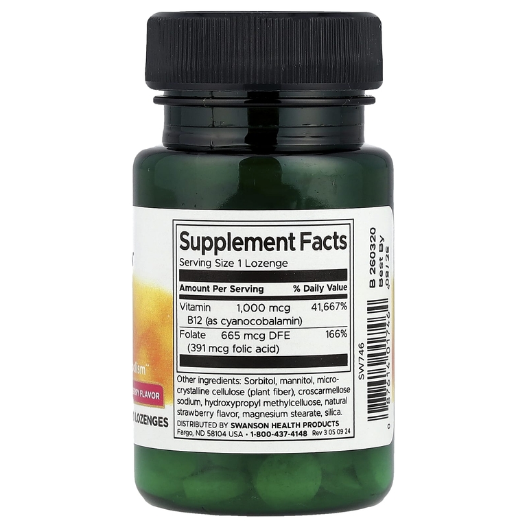 Swanson Vitamins, Витамин B12 с фолатом, клубника, 100 пастилок