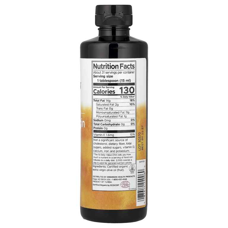 Swanson Vitamins, сертифицированное органическое нерафинированное оливковое масло высшего качества, холодный отжим, 473 мл (16 жидк. унций)